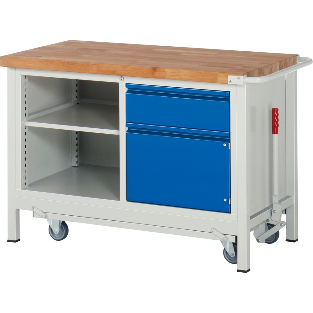 Product afbeelding: Werkbank RAU serie 8000 met neerlaatbaar onderstel, 1 dubbele kast, hxbxd 880 x 1.250 x 700 mm, 1 lade, 1 draaideur, 1 legbord