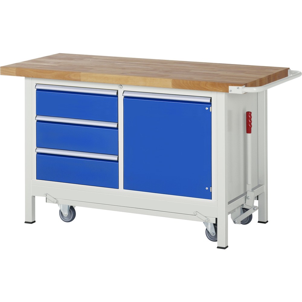 Product afbeelding: RAU werkbank met dolly serie 8000, h x b x d 880 x 1.500 x 700 mm, 1 dubbele onderbouwkast, met 3 lades en 1 openslaande deur