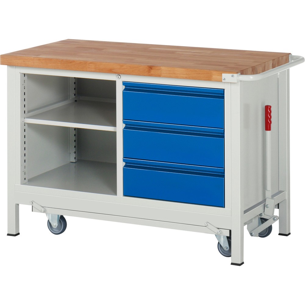 Product afbeelding: Werkbank RAU serie 8000 met neerlaatbaar onderstel, 1 dubbele kast, hxbxd 880 x 1.250 x 700 mm, 3 x voor 90% uittrekbare lades, 1 legbord