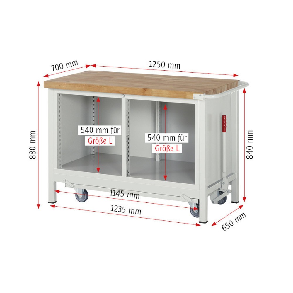 Productafbeelding nr. 8: Werkbank RAU serie 8000 met neerlaatbaar onderstel, 1 dubbele kast, hxbxd 880 x 1.250 x 700 mm, 4 x voor 90% uittrekbare lades, 1 legbord