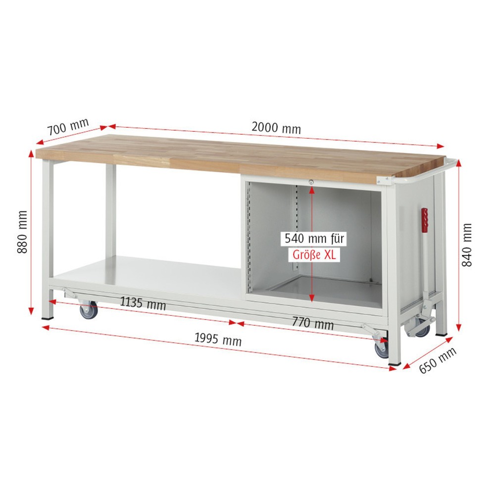 Productafbeelding nr. 9: Werkbank RAU serie 8000 met neerlaatbaar onderstel, 1 kast, 1 legbord, hxbxd 880 x 2.000 x 700 mm, 5 x voor 100% uittrekbare lades, draagvermogen lade 75 kg