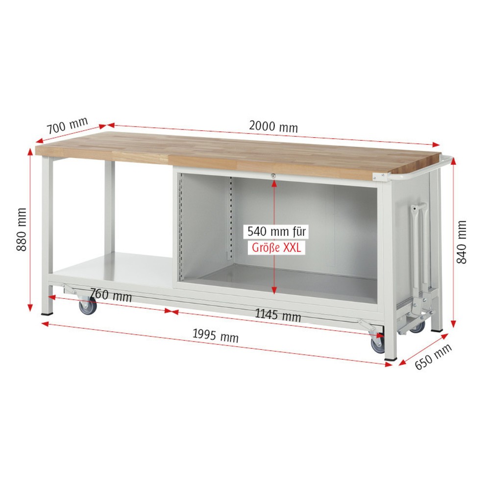 Productafbeelding nr. 9: Werkbank RAU serie 8000 met neerlaatbaar onderstel, 1 kast, 1 legbord, hxbxd 880 x 2.000 x 700 mm, 4 lades, draagvermogen lade 50 kg