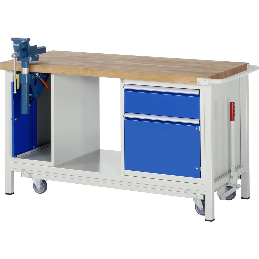 Product afbeelding: RAU werkbank met dolly serie 8000, h x b x d 880 x 1.500 x 700 mm, 1 onderbouwkast, met 1 openslaande deur, 1 lade en inklapbare bankschroef