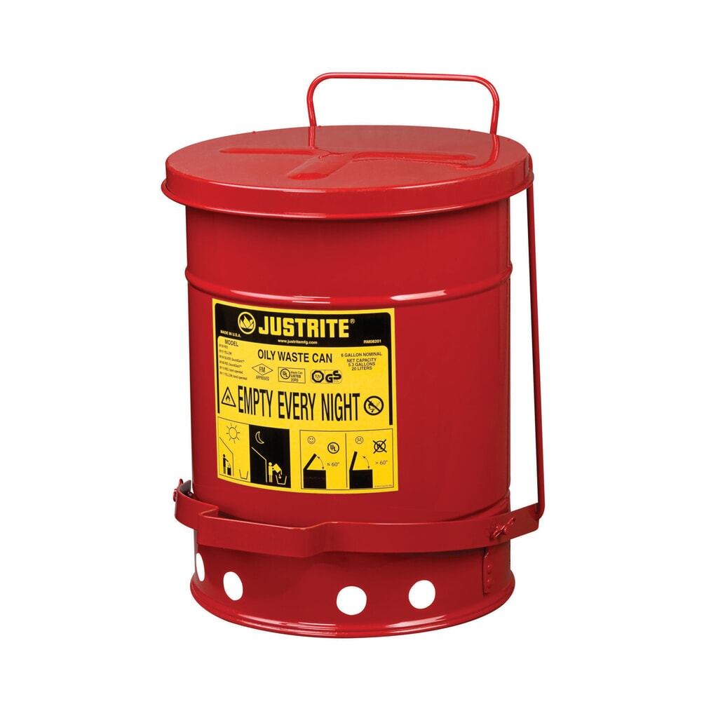 Produktabbildung: Justrite® Werkbank-Sammelbehälter SoundGuard™, Fußpedal, rot, 20 Liter
