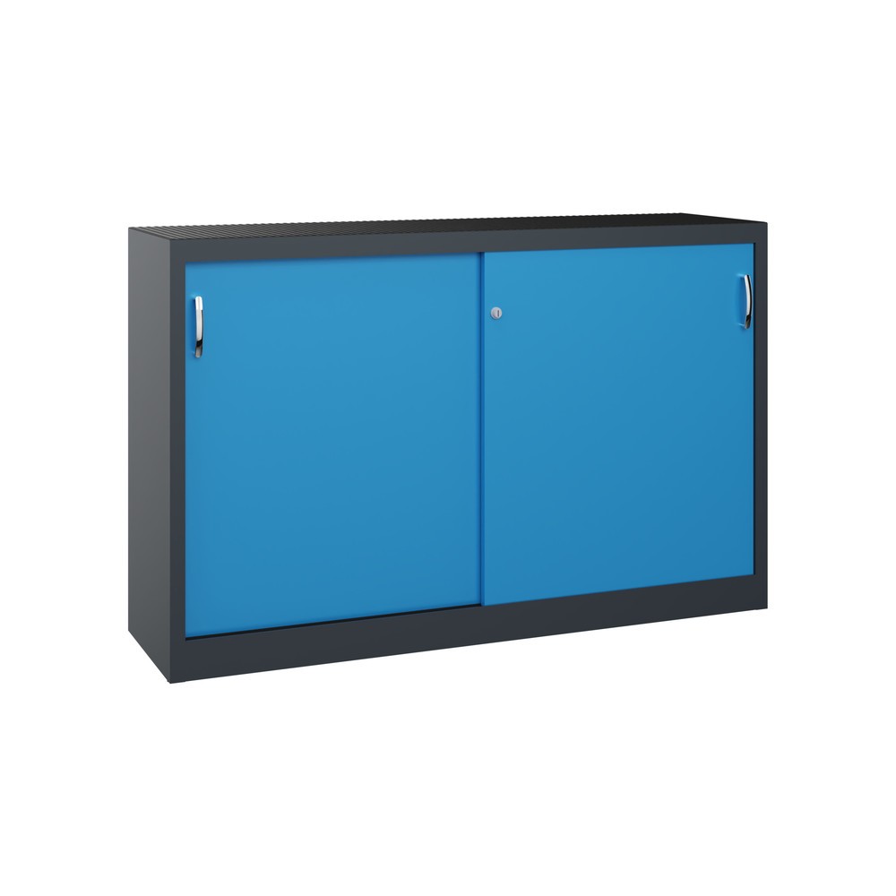 Product afbeelding: Werkplaatsbijzetkast C+P met 2 legborden, hxbxd 1.000 x 1.600 x 400 mm, scheidingswand, antracietgrijs, lichtblauw