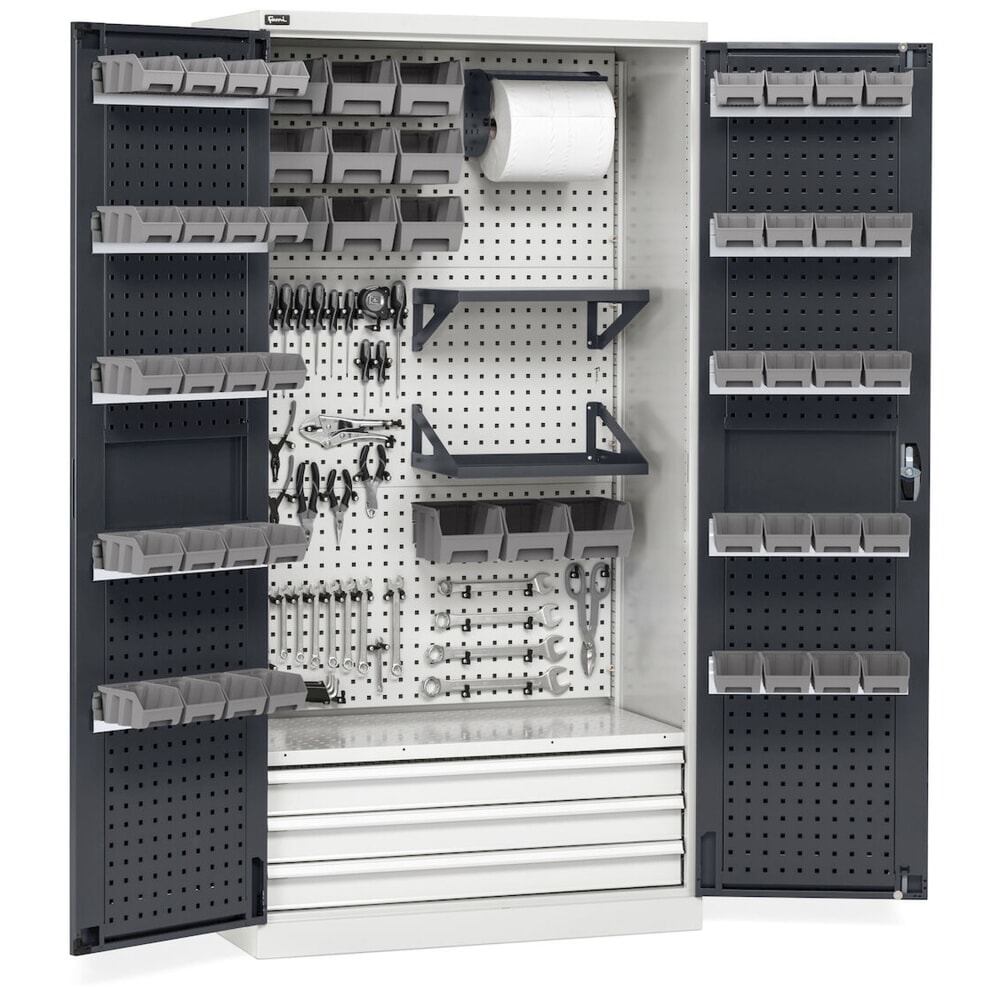 Productafbeelding nr. 13: Werkplaatskast Fami PERFOM, 4 geperforeerde legborden, 3 lades, geperforeerde platen voor deur, bakken, hxbxd 2.000 x 1.023 x 726 mm, lichtgrijs, antraciet
