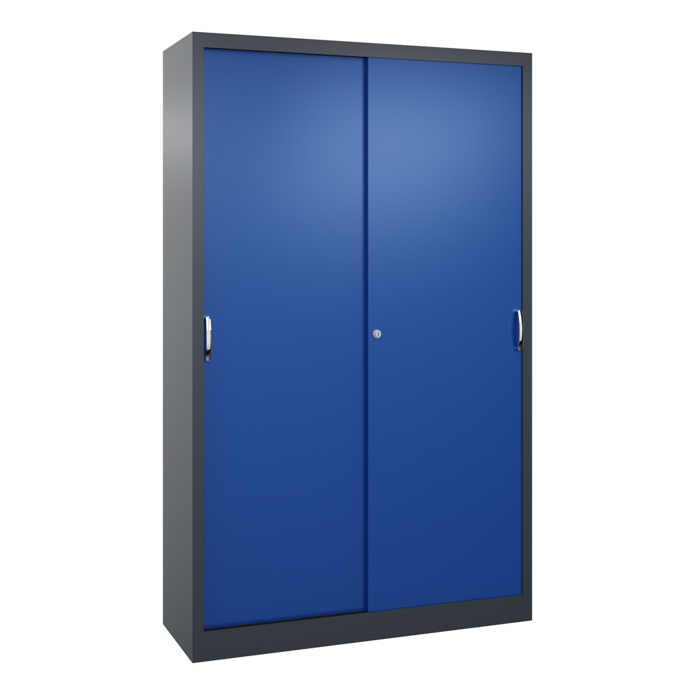 Product afbeelding: Werkplaatsschuifdeurkast C+P met 4 legborden, hxbxd 1.950 x 1.200 x 400 mm, antracietgrijs, gentiaanblauw