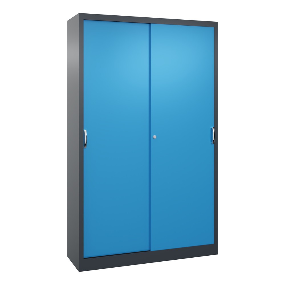 Product afbeelding: Werkplaatsschuifdeurkast C+P met 4 legborden, hxbxd 1.950 x 1.200 x 400 mm, antracietgrijs, lichtblauw