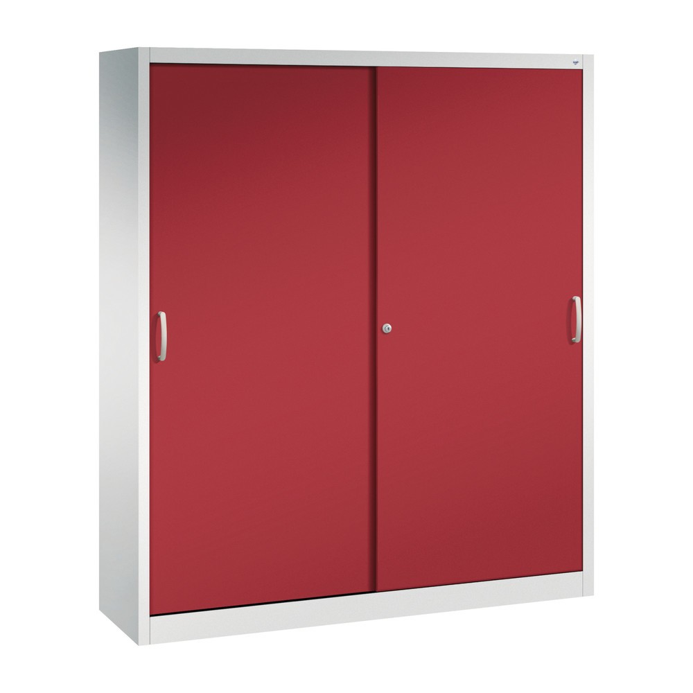 Product afbeelding: Werkplaatsschuifdeurkast C+P met 8 legborden, hxbxd 1.950 x 1.600 x 400 mm, scheidingswand, lichtgrijs, robijnrood