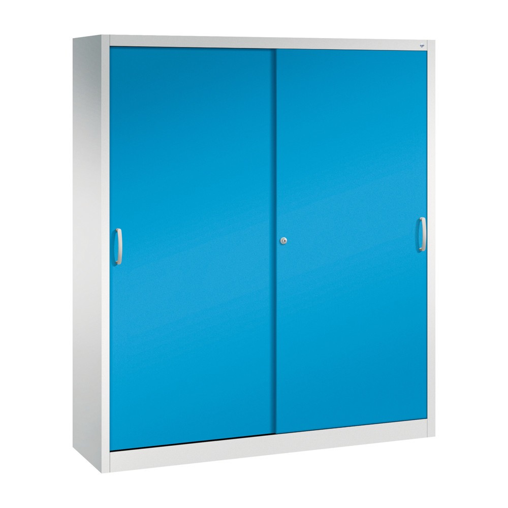 Product afbeelding: Werkplaatsschuifdeurkast C+P met 8 legborden, hxbxd 1.950 x 1.600 x 400 mm, scheidingswand, lichtgrijs, lichtblauw