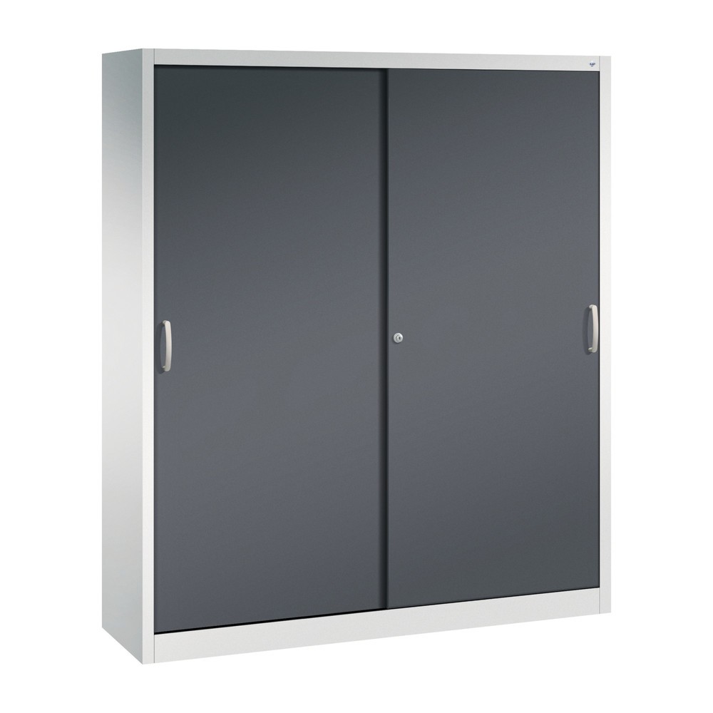 Product afbeelding: Werkplaatsschuifdeurkast C+P met 8 legborden, hxbxd 1.950 x 1.600 x 400 mm, scheidingswand, lichtgrijs, zwartgrijs
