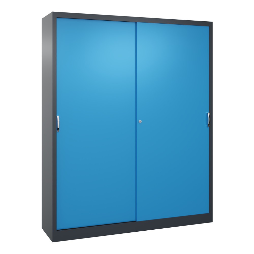 Product afbeelding: Werkplaatsschuifdeurkast C+P met 8 legborden, hxbxd 1.950 x 1.600 x 400 mm, scheidingswand, antracietgrijs, lichtblauw