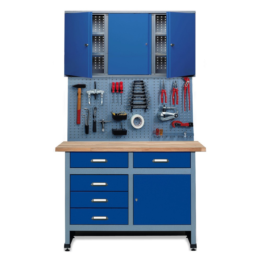 Product afbeelding: Werkplaatsset Meran 3-delig, hangkast + werkbank + geperforeerde wand, breedte 1.200 mm, blauw