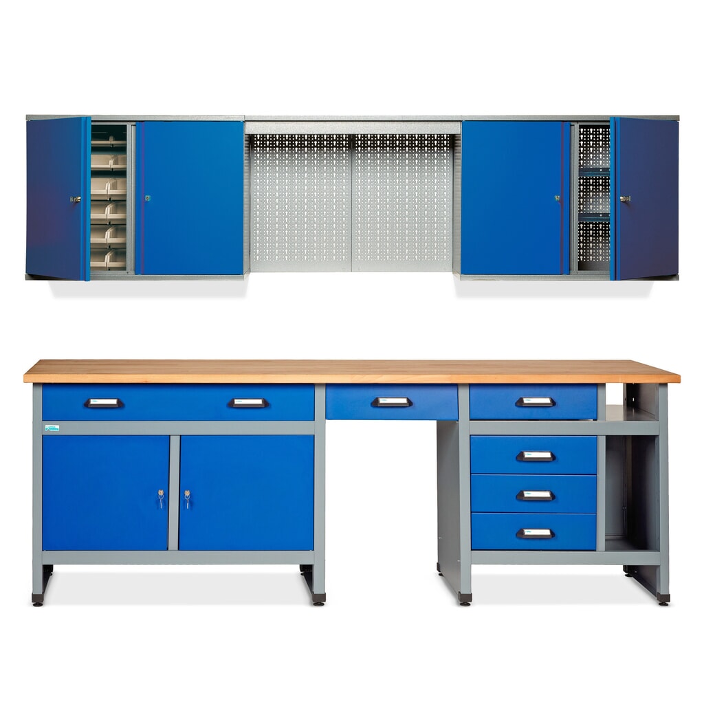 Werkstatt-Set Bern 2-teilig, Hängeschrank + Werkbank, Breite 2.400 mm, blau Produktabbildung: Werkstatt-Set Bern 2-teilig, Hängeschrank + Werkbank, Breite 2.400 mm, blau
