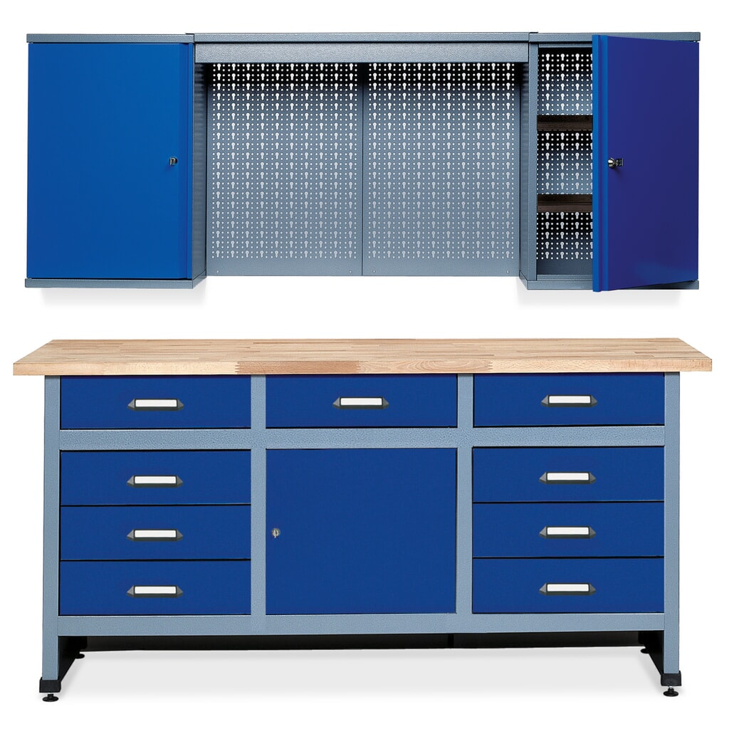 Produktabbildung: Werkstatt-Set Deister 2-teilig, Hängeschrank + Werkbank, Breite 1.700 mm, blau