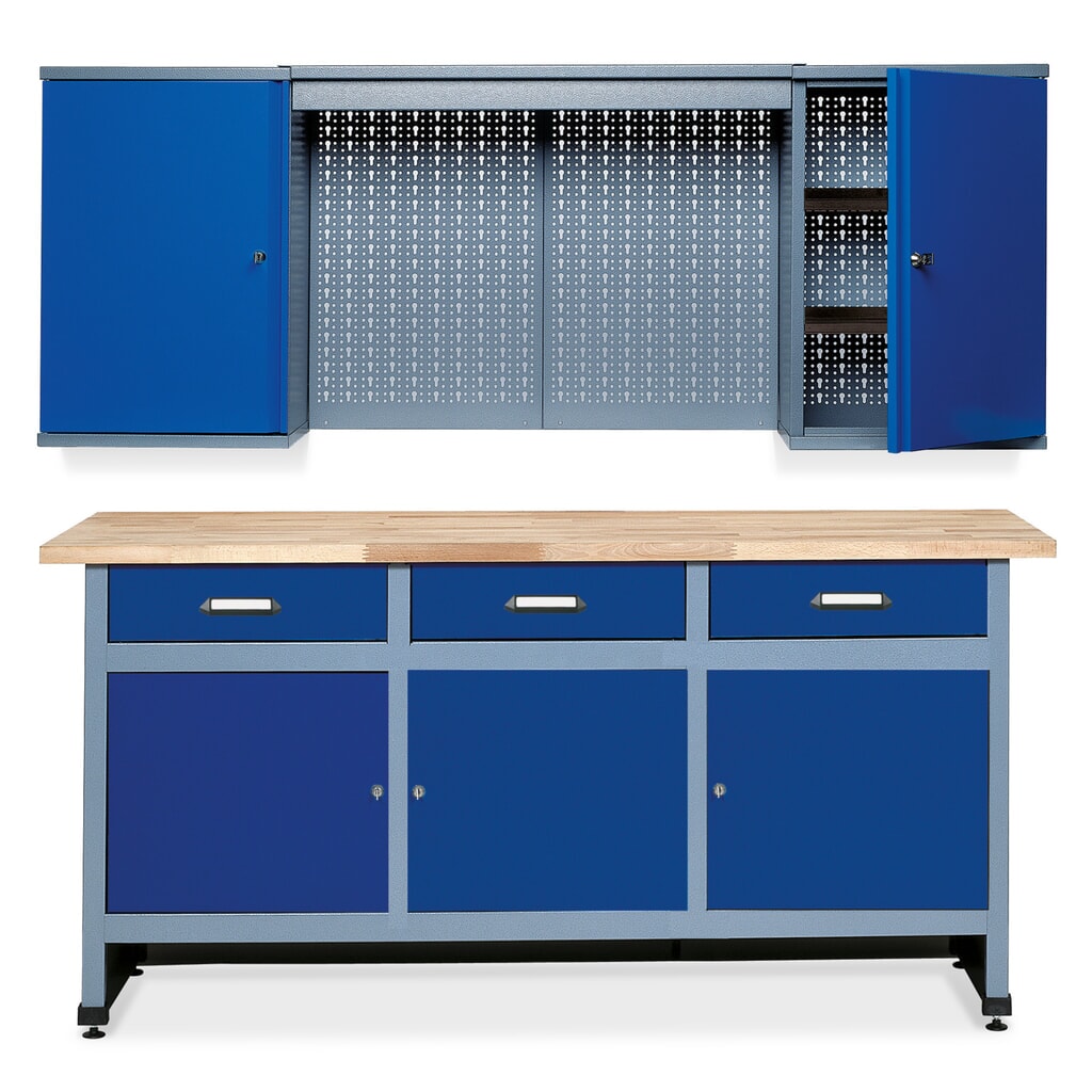 Werkstatt-Set Elm 2-teilig, Hängeschrank + Werkbank, Breite 1.700 mm, blau Produktabbildung: Werkstatt-Set Elm 2-teilig, Hängeschrank + Werkbank, Breite 1.700 mm, blau