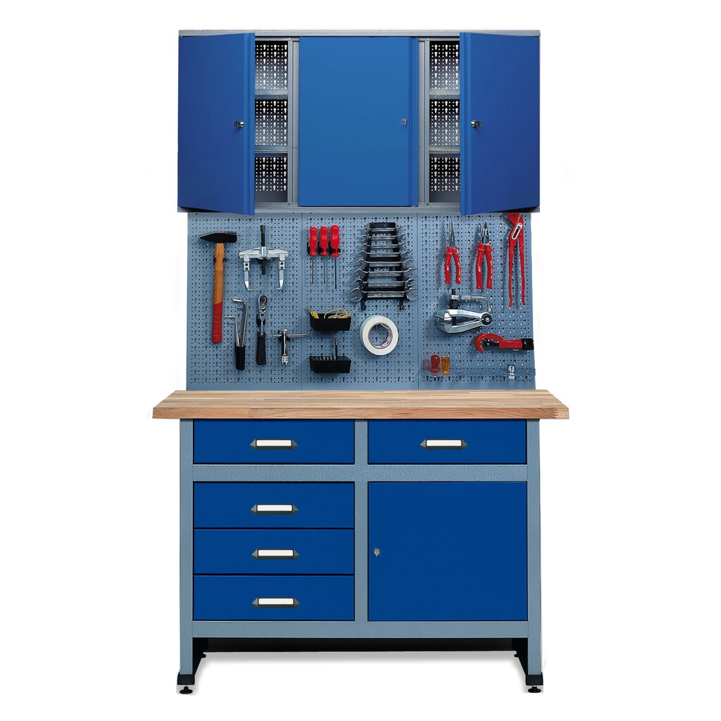 Werkstatt-Set Meran 3-teilig, Hängeschrank + Werkbank + Lochwand, Breite 1.200 mm, blau Produktabbildung: Werkstatt-Set Meran 3-teilig, Hängeschrank + Werkbank + Lochwand, Breite 1.200 mm, blau