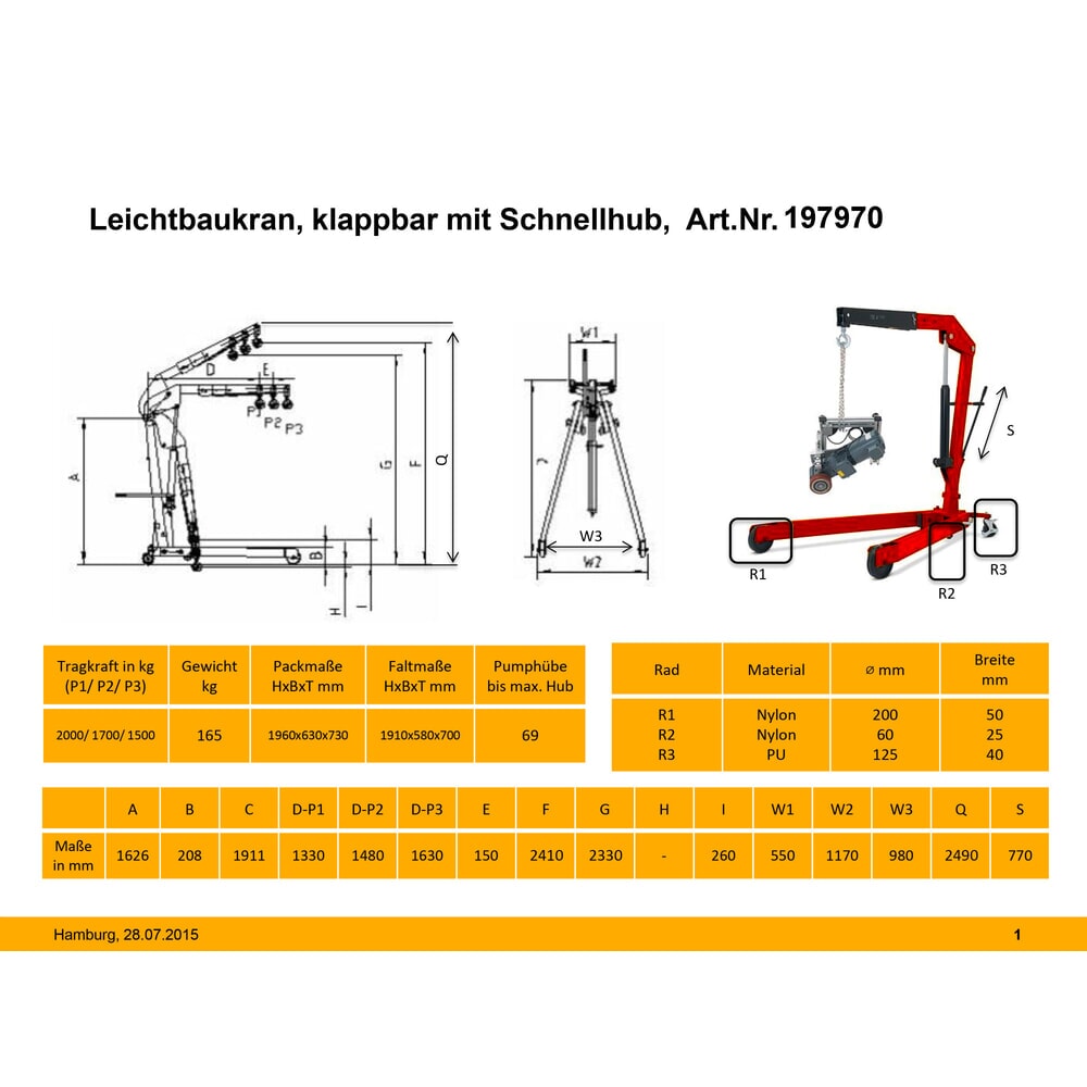 Produktabbildung Nr. 3: Werkstattkran mit gespreiztem Fahrgestell und Schnellhub, klappbar, TK 1.500-2.000 kg, RAL 3020 verkehrsrot
