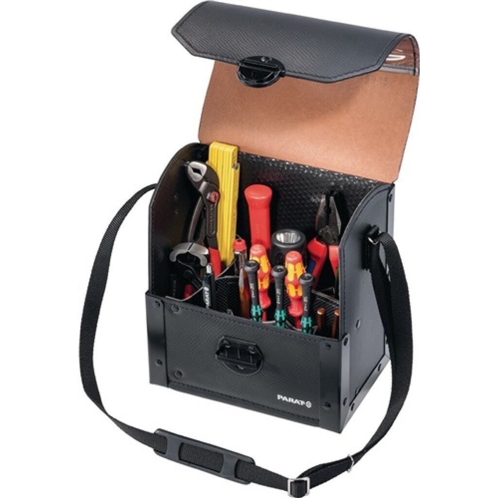 WerkzeugtascheB.220xT.140xH.250mmaus Rindleder schwarzTrageriemen 17 Einsteckf. Produktabbildung: WerkzeugtascheB.220xT.140xH.250mmaus Rindleder schwarzTrageriemen 17 Einsteckf.