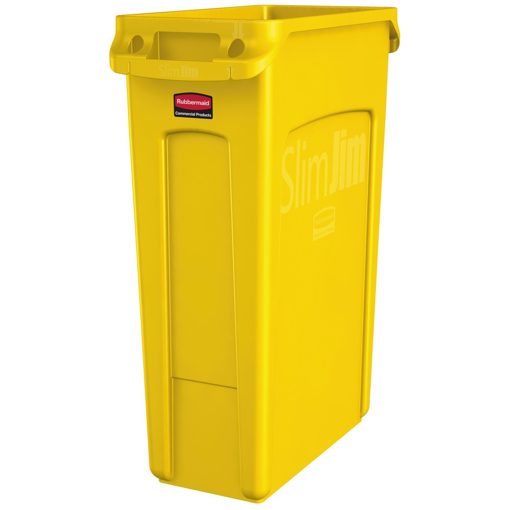 Ein schlanker Wertstoffcontainer für ergonomische Nutzung Mit dem Wertstoffsammler Rubbermaid Slim Jim® mit Lüftungskanälen nutzten Sie den Platz selbst auf engsten Raumverhältnissen optimal. Der Abfalleimer besteht aus stabilem Polyethylen und ist für den Innen- und Außenbereich geeignet. Für die effiziente Raumnutzung sorgen die im Vergleich zu anderen Tret-Abfallbehältern eine reduzierte Stellfläche sowie seine schlanke Bauweise. Dank der patentierten Lüftungskanäle ist die Müllsackentnahme mühelos, Sie benötigen viel weniger Zugkraft zum Herausziehen voller Müllsäcke und schonen Ihren Rücken. Zudem können die Abfallsäcke durch die integrierten Beutelklemmen knotenfrei am Behälterrand fixiert und schnell ausgetauscht werden. Der robuste Griffrand beugt Rissbildung vor und ermöglicht ein sicheres Anheben und Transportieren. Der Wertstoffsammler Rubbermaid Slim Jim® mit Lüftungskanälen ist in verschiedenen Volumen und Farben erhältlich. Sammeln und entsorgen Sie verwertbare Verpackungen effizient mithilfe des Wertstoffsammlers Rubbermaid Slim Jim® mit Lüftungskanälen und kaufen Sie den Behälter bei uns im Shop.Wertstoffsammler Rubbermaid Slim Jim® mit Lüftungskanälen, 87 l, gelb Wertstoffsammler Rubbermaid Slim Jim® mit Lüftungskanälen, 87 l, gelb