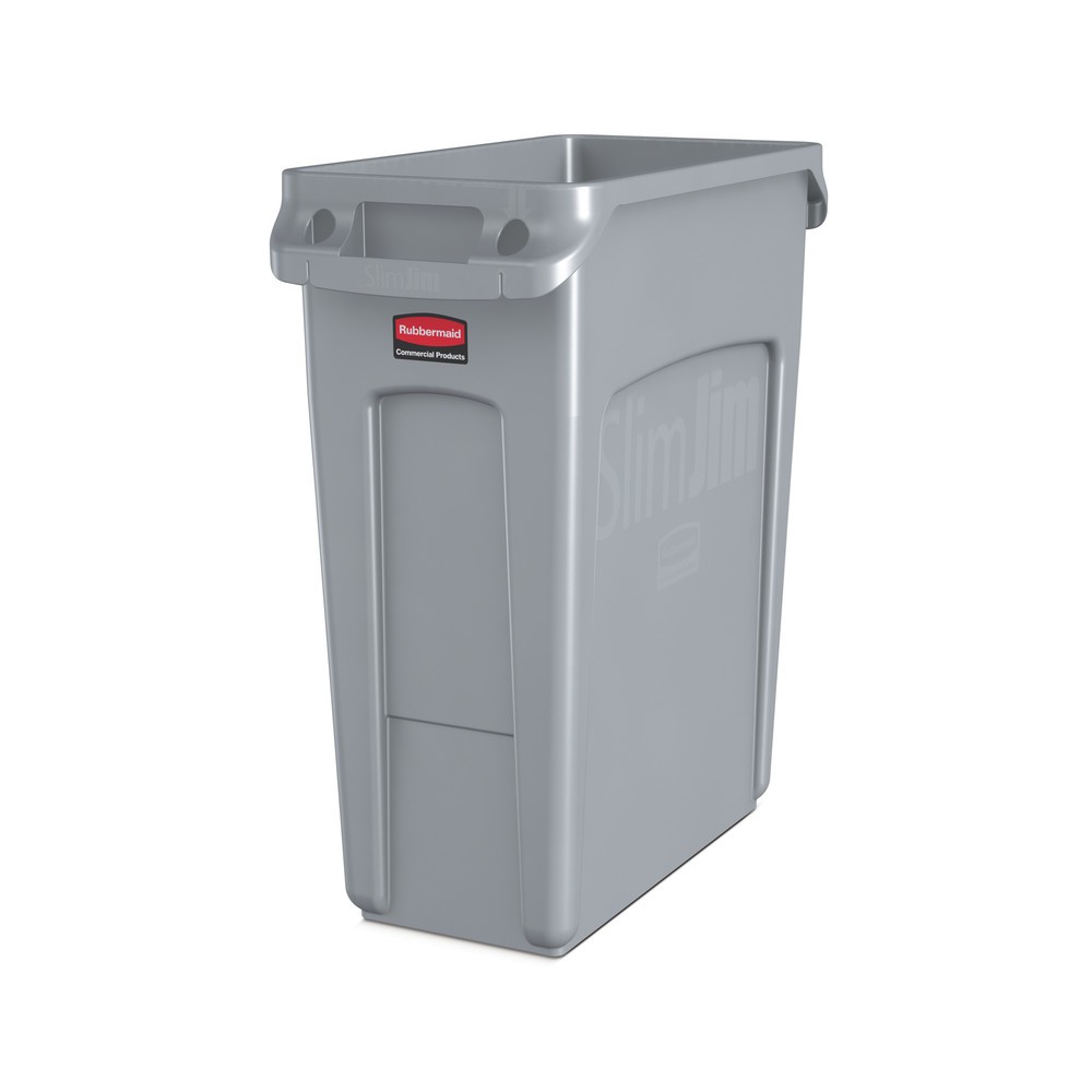 Ein schlanker Wertstoffcontainer für ergonomische Nutzung Mit dem Wertstoffsammler Rubbermaid Slim Jim® mit Lüftungskanälen nutzten Sie den Platz selbst auf engsten Raumverhältnissen optimal. Der Abfalleimer besteht aus stabilem Polyethylen und ist für den Innen- und Außenbereich geeignet. Für die effiziente Raumnutzung sorgen die im Vergleich zu anderen Tret-Abfallbehältern eine reduzierte Stellfläche sowie seine schlanke Bauweise. Dank der patentierten Lüftungskanäle ist die Müllsackentnahme mühelos, Sie benötigen viel weniger Zugkraft zum Herausziehen voller Müllsäcke und schonen Ihren Rücken. Zudem können die Abfallsäcke durch die integrierten Beutelklemmen knotenfrei am Behälterrand fixiert und schnell ausgetauscht werden. Der robuste Griffrand beugt Rissbildung vor und ermöglicht ein sicheres Anheben und Transportieren. Der Wertstoffsammler Rubbermaid Slim Jim® mit Lüftungskanälen ist in verschiedenen Volumen und Farben erhältlich. Sammeln und entsorgen Sie verwertbare Verpackungen effizient mithilfe des Wertstoffsammlers Rubbermaid Slim Jim® mit Lüftungskanälen und kaufen Sie den Behälter bei uns im Shop.Wertstoffsammler Rubbermaid Slim Jim® mit Lüftungskanälen, 87 l, grau Wertstoffsammler Rubbermaid Slim Jim® mit Lüftungskanälen, 87 l, grau