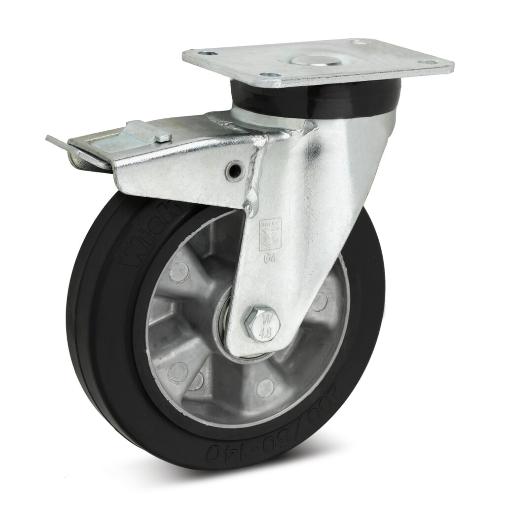 Wicke Lenkrolle Elastik-Vollgummi, inkl. Feststeller im Nachlauf, Ø x Breite 100 x 40 mm, TK 180 kg Produktabbildung: Wicke Lenkrolle Elastik-Vollgummi, inkl. Feststeller im Nachlauf, Ø x Breite 100 x 40 mm, TK 180 kg