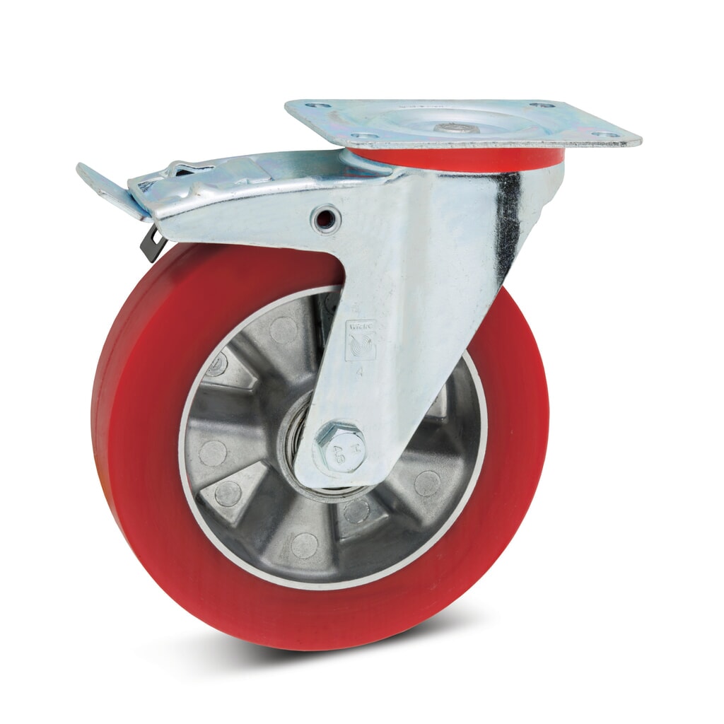 Wicke Lenkrolle Soft-PU, inkl. Feststeller, Ø x Breite 100 x 40 mm, TK 180 kg Produktabbildung: Wicke Lenkrolle Soft-PU, inkl. Feststeller, Ø x Breite 100 x 40 mm, TK 180 kg