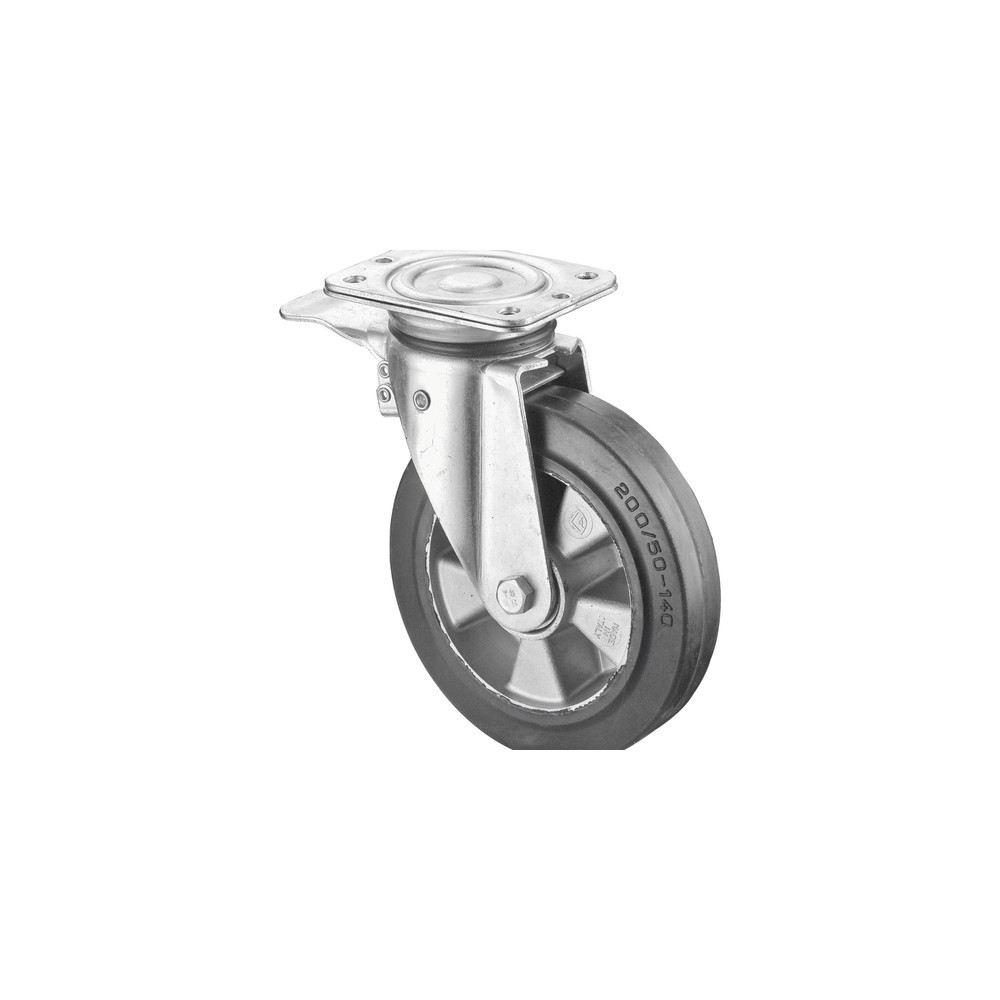 Product afbeelding: Wiel voor zware lasten elastisch rubber, zwenkwiel met parkeerrem, kogellager, plaat, Ø x breedte 125 x 50 mm, draagvermogen 220 kg