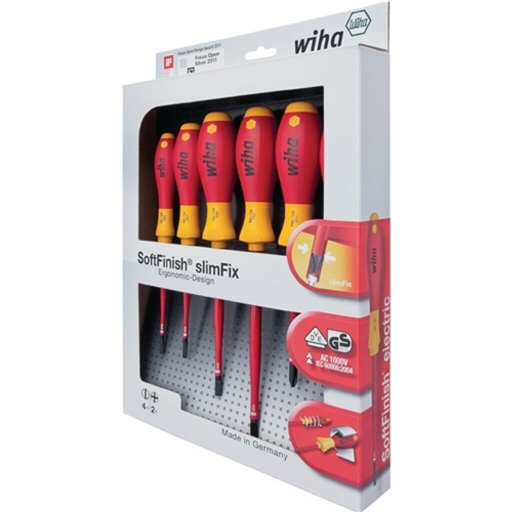 Produktabbildung: WIHA Schraubendrehersatz SoftFinish VDE isoliert slimFix, 6-tlg, Schlitz 3,5/4/5,5/6,5/PH 1/2 brün. Rundkl.