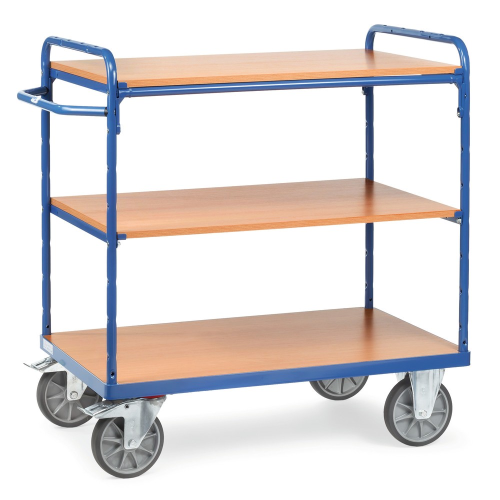 Zdjęcie produktu: Wózek piętrowy fetra®, z drewnianymi półkami, 3 poziomy po 1 000 x 600 mm, wysokość 1 152 mm