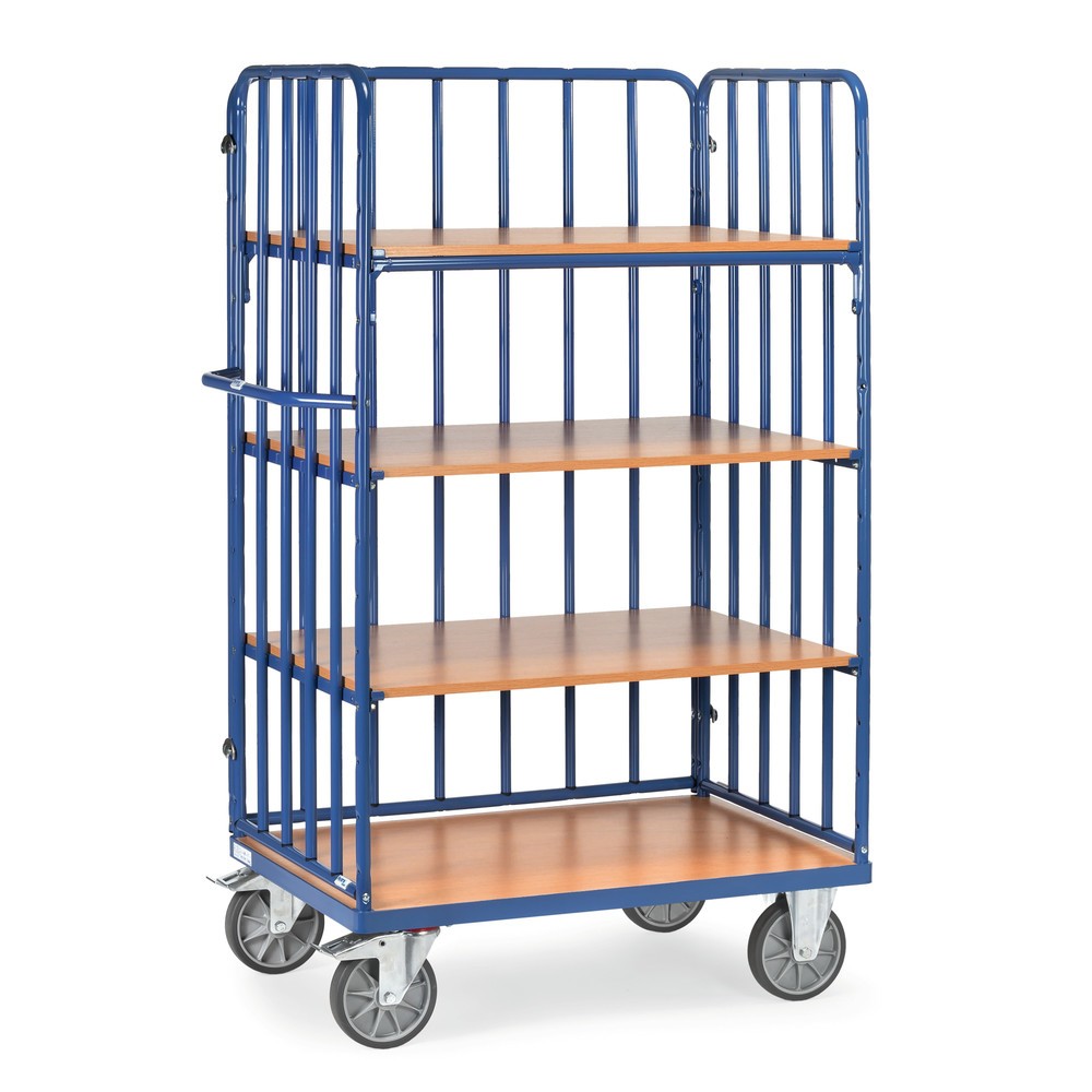Zdjęcie produktu: Wózek piętrowy fetra® z pionowymi podporami rurowymi, 3 ściany, 4 poziomy po 1 000 × 600 mm, wysokość 1 800 mm