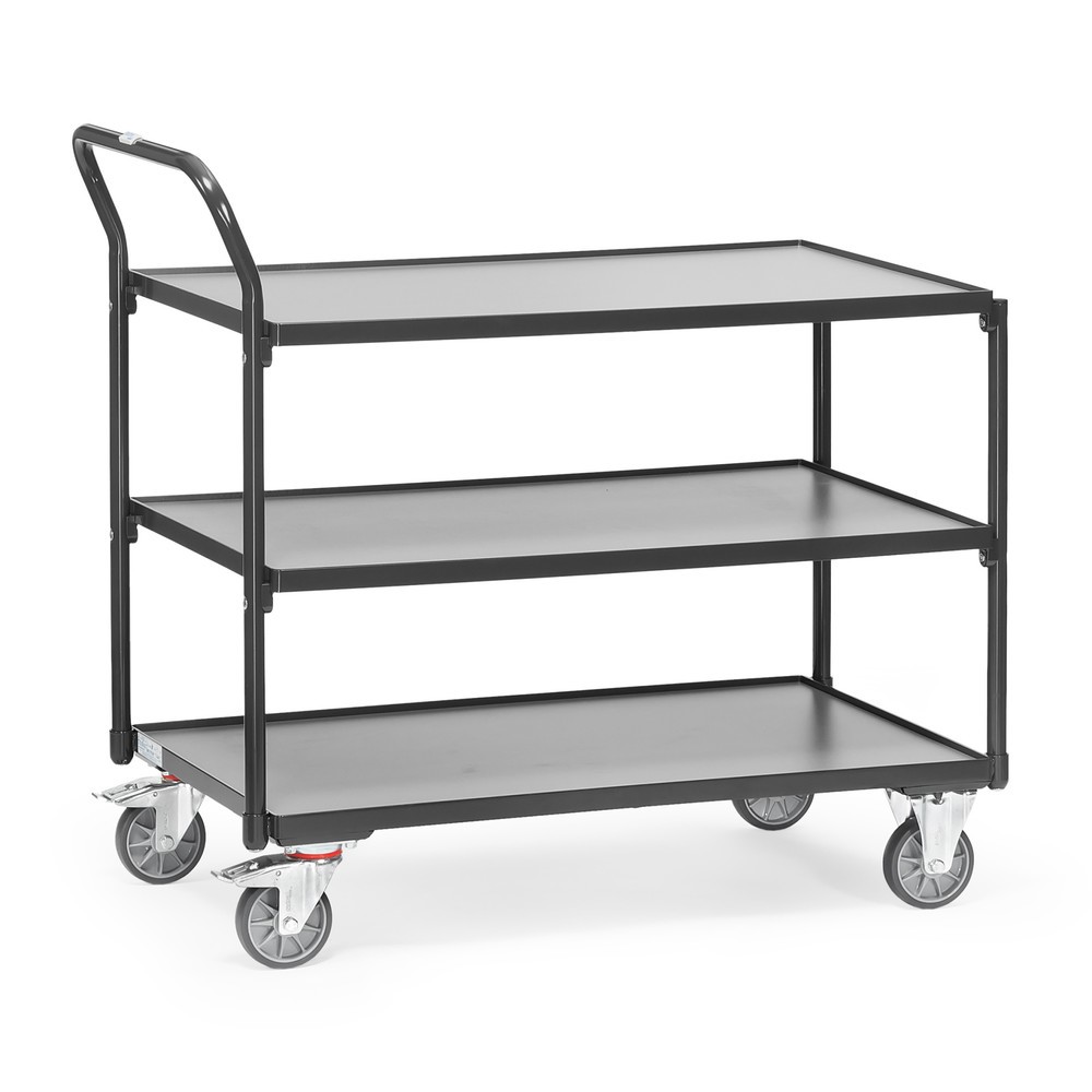 Zdjęcie produktu nr 1: Wózek stołowy fetra®, udźwig 300 kg, 3 piętra o wymiarach 1000 × 600 mm, pionowy pałąk do pchania, kolor antracytowy szary