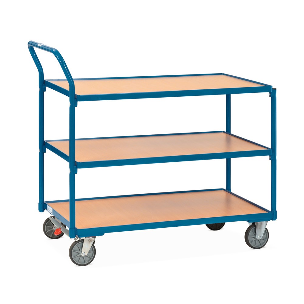 Zdjęcie produktu nr 1: Wózek stołowy fetra®, udźwig 300 kg, 3 piętra o wymiarach 1000 × 600 mm, pionowy pałąk do pchania, z centralnym hamulcem