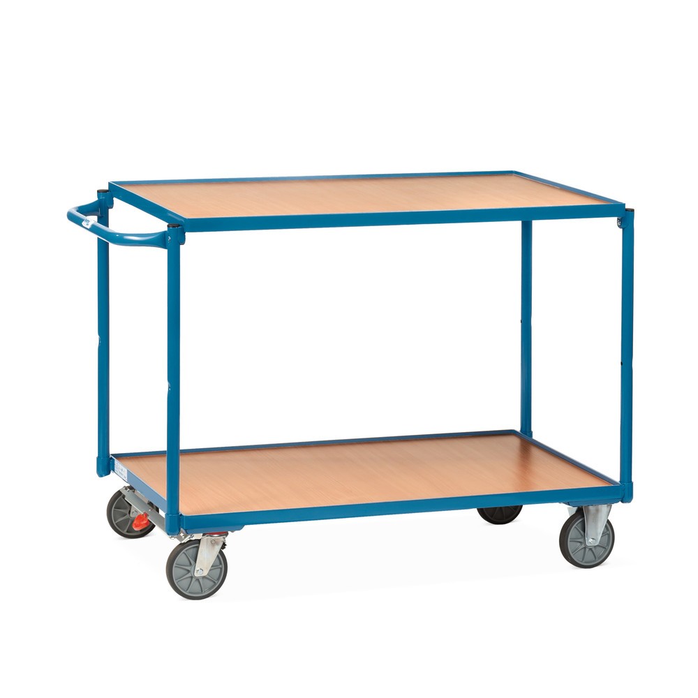 Zdjęcie produktu nr 1: Wózek stołowy fetra®, udźwig 300 kg, 2 piętra o wymiarach 1000 × 600 mm, poziomy pałąk do pałąk do pchania, z centralnym hamulcem
