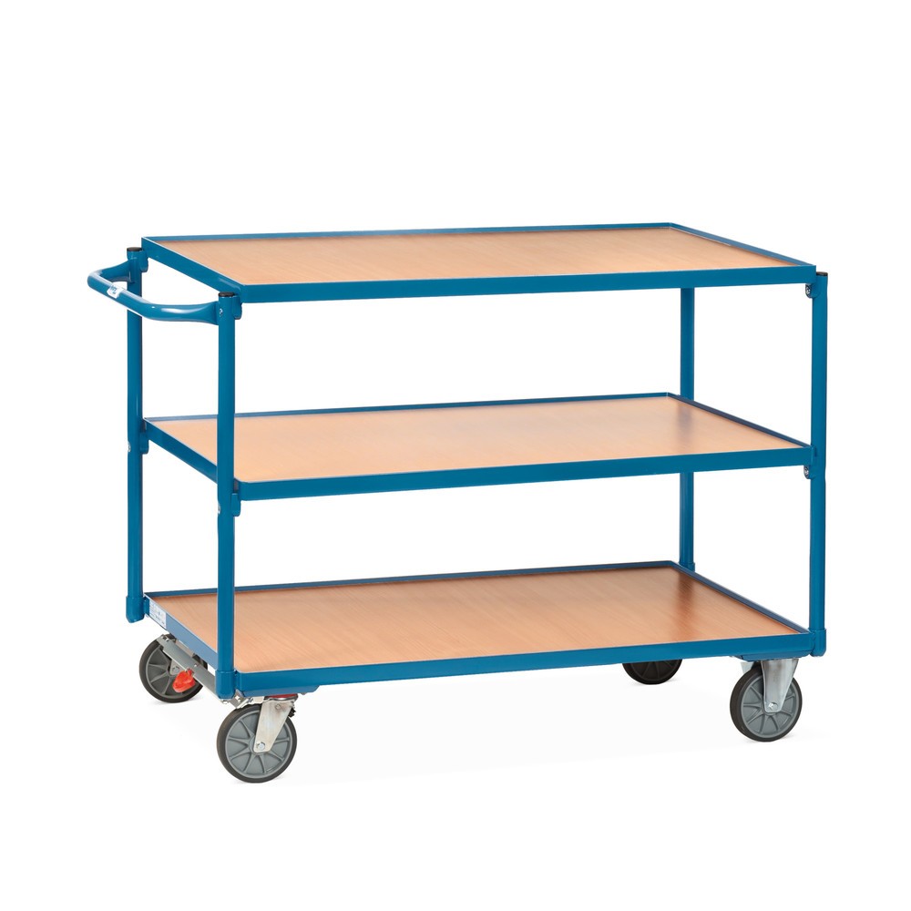 Zdjęcie produktu nr 1: Wózek stołowy fetra®, udźwig 300 kg, 3 poziomy o wymiarach 850 × 500 mm, poziomy pałąk do pałąk do pchania, z centralnym hamulcem