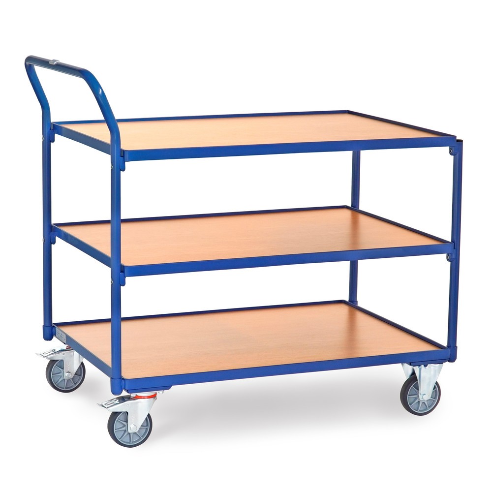 Zdjęcie produktu nr 1: Wózek stołowy fetra®, udźwig 300 kg, 3 piętra o wymiarach 1000 × 700 mm, pionowy pałąk do pchania