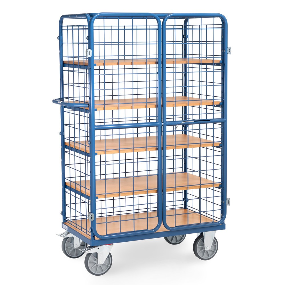 Zdjęcie produktu nr 3: Wózek z szafką fetra®, udźwig 600 kg, ściany kratowe, z drzwiami dwuskrzydłowymi, 5 pięter o wymiarach 1000 × 600 mm