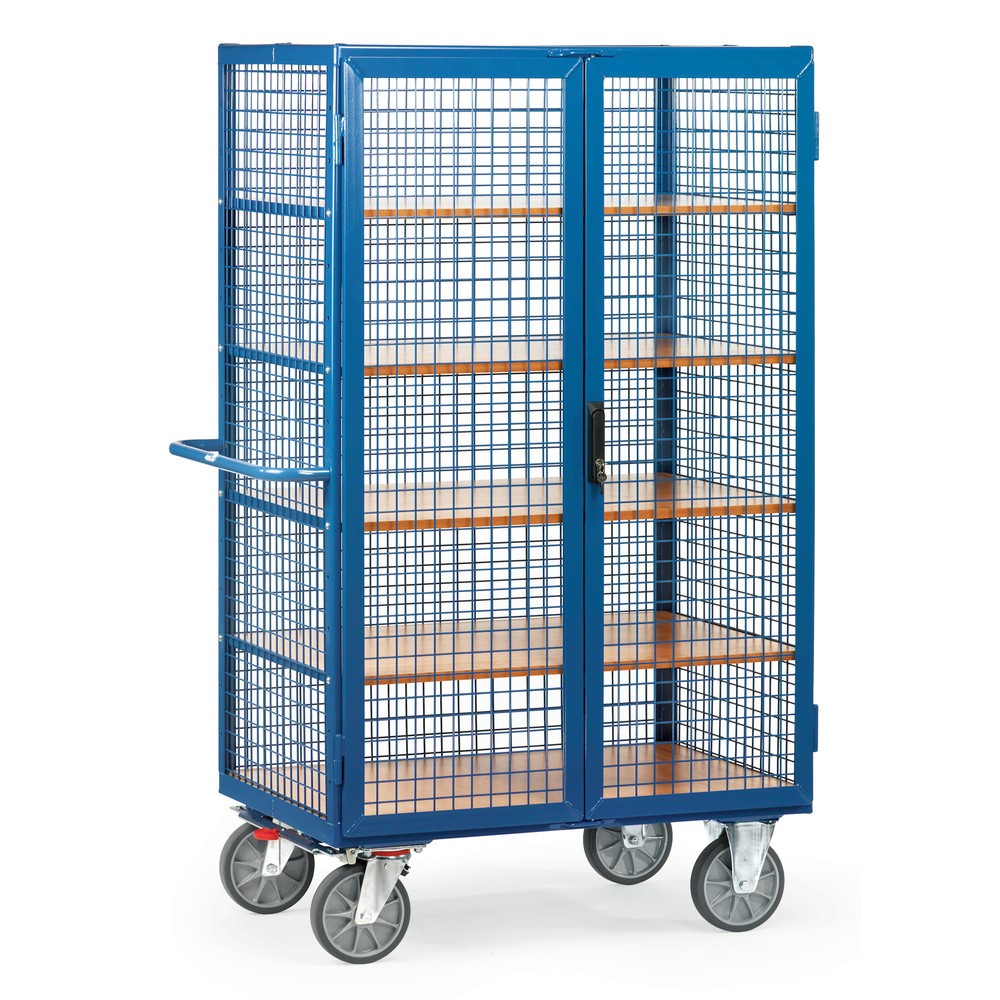 Zdjęcie produktu: Wózek z szafką fetra®, udźwig 750 kg, ściany kratowe, z drzwiami dwuskrzydłowymi, 5 pięter o wymiarach 1 000 × 680 mm