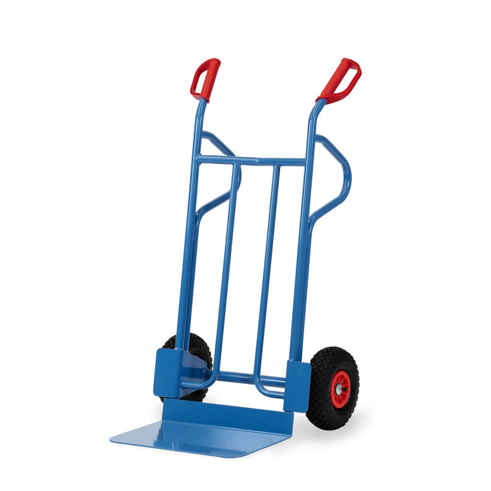 Zdjęcie produktu: Wózek transportowy fetra®, wysokość 1200 mm, udźwig 350 kg, szufla szer. x gł. 480 x 300 mm, z pałąkami do odkładania, ogumienie pneumatyczne