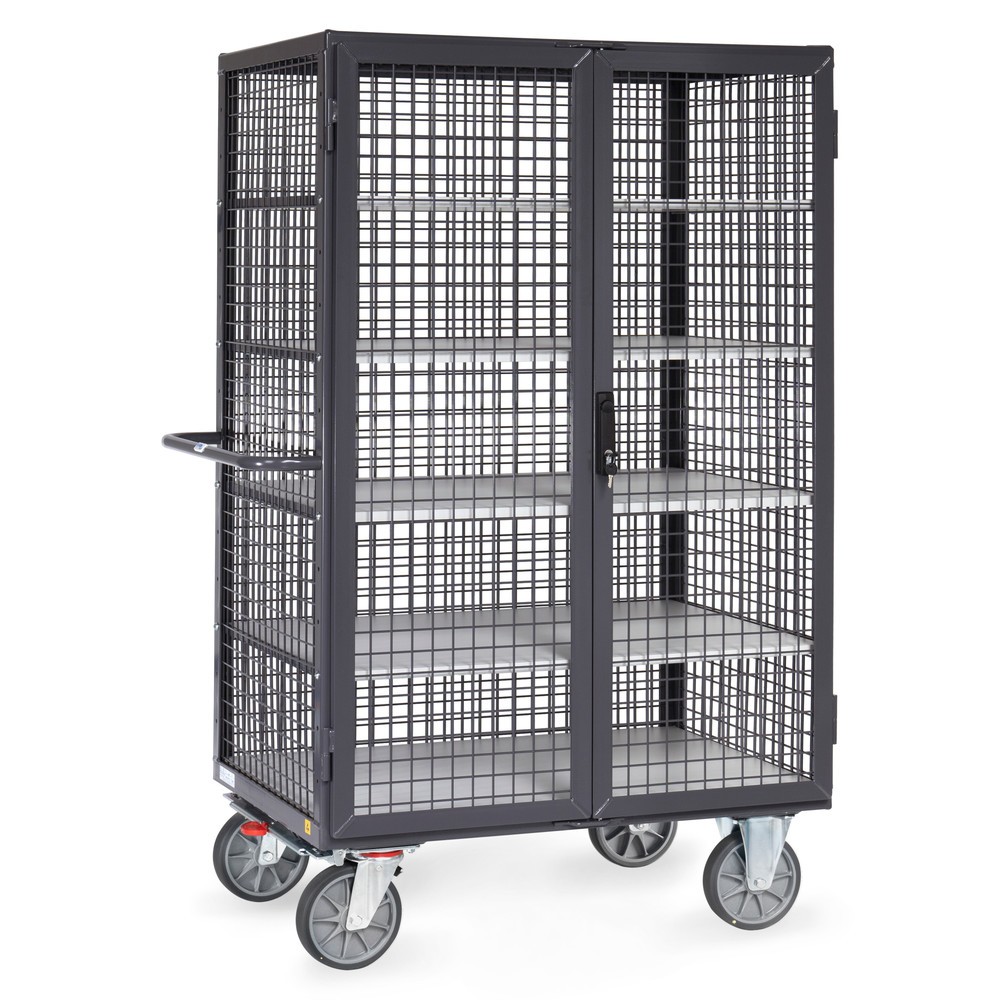 Zdjęcie produktu: Wózek z szafką ESD fetra®, udźwig 750 kg, ściany kratowe, z drzwiami dwuskrzydłowymi, 5 pięter o wymiarach 1000 × 680 mm