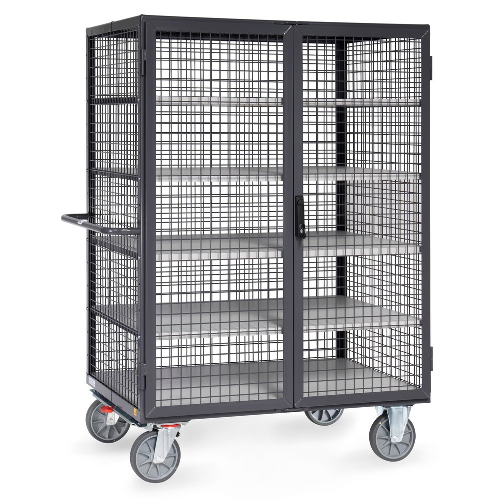 Zdjęcie produktu nr 1: Wózek z szafką ESD fetra®, udźwig 750 kg, ściany kratowe, z drzwiami dwuskrzydłowymi, 5 pięter o wymiarach 1200 × 780 mm