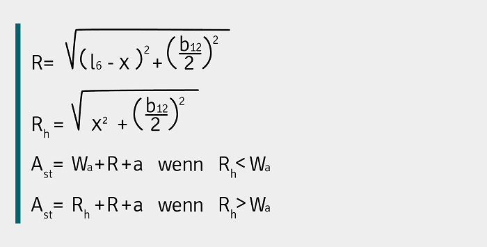 Formel zur Berechnung der Arbeitsgangbreite bei Schubmaststaplern mit dem Drehpunkt in der Achsmitte. 