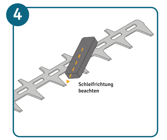 Das Sägeblatt einer Heckenschere wird mit Schleifklotz angeschliffen