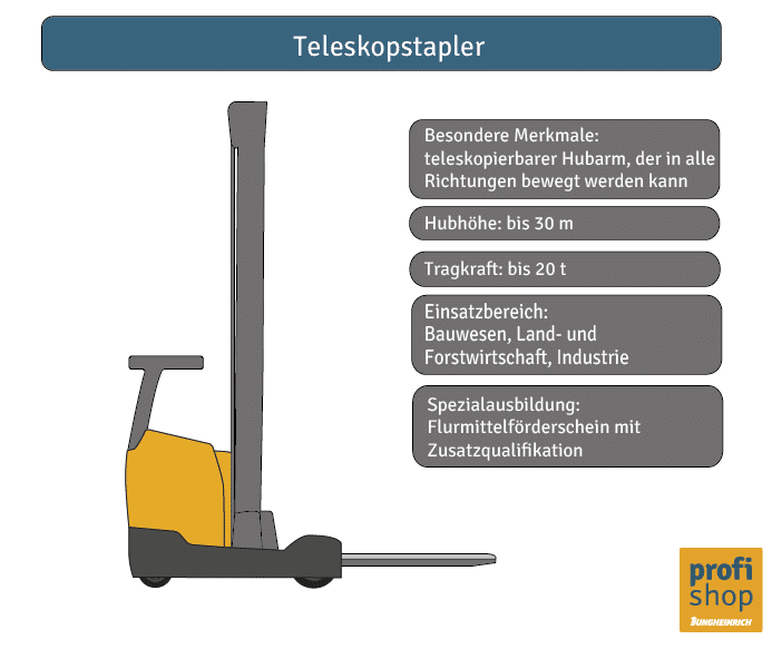 Die Grafik zeigt einen Teleskopstapler mit den wichtigsten Typenmerkmalen.