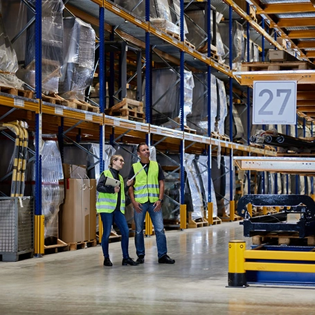 Zwei Personen analysieren die Ist-Situation eines Lagers zur Lagerplanung