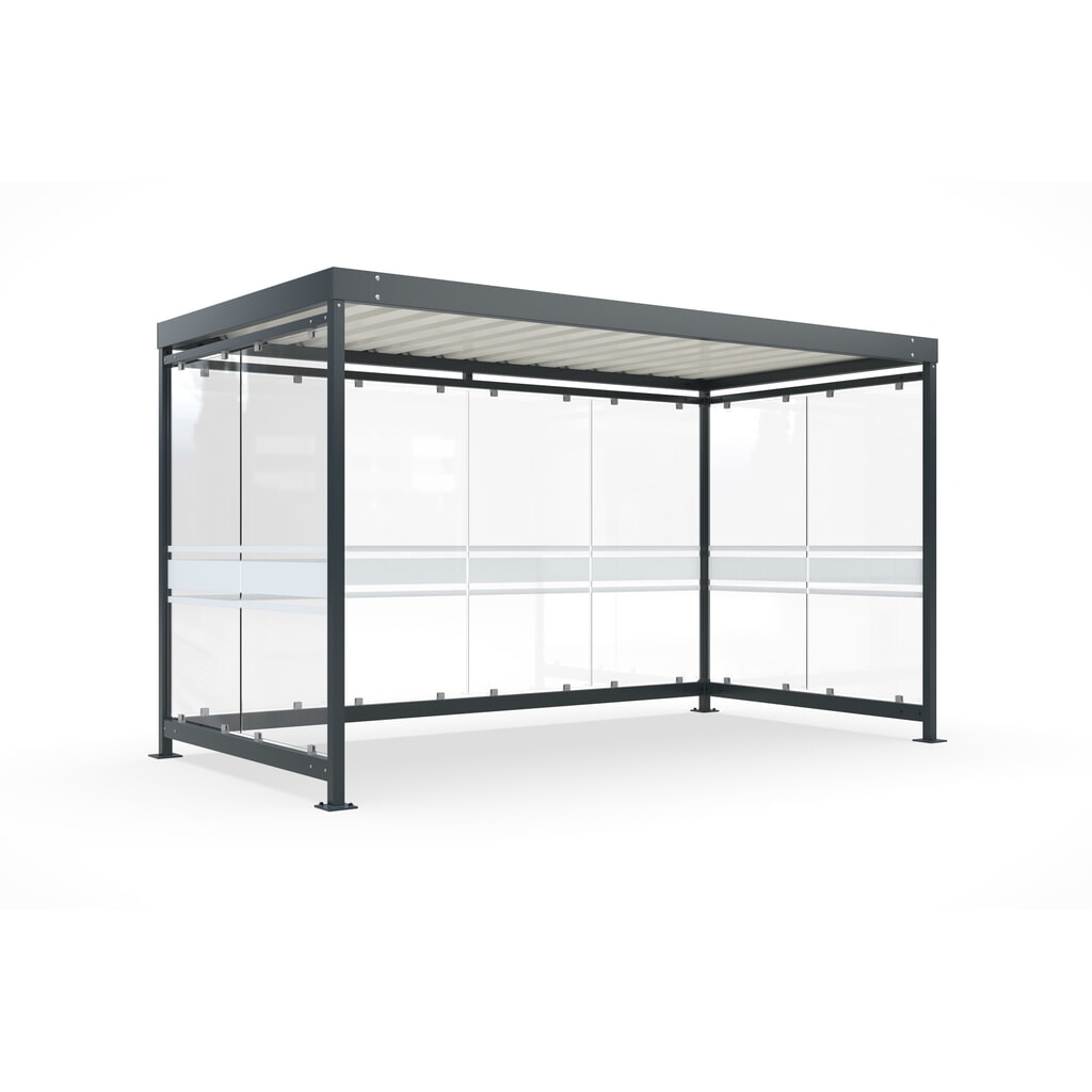 wsm® Raucherunterstand, Bausatz, für 9-10 Personen, 8 Elemente, RAL 7016 anthrazitgrau - mit Glasdekor Produktabbildung: wsm® Raucherunterstand, Bausatz, für 9-10 Personen, 8 Elemente, RAL 7016 anthrazitgrau - mit Glasdekor