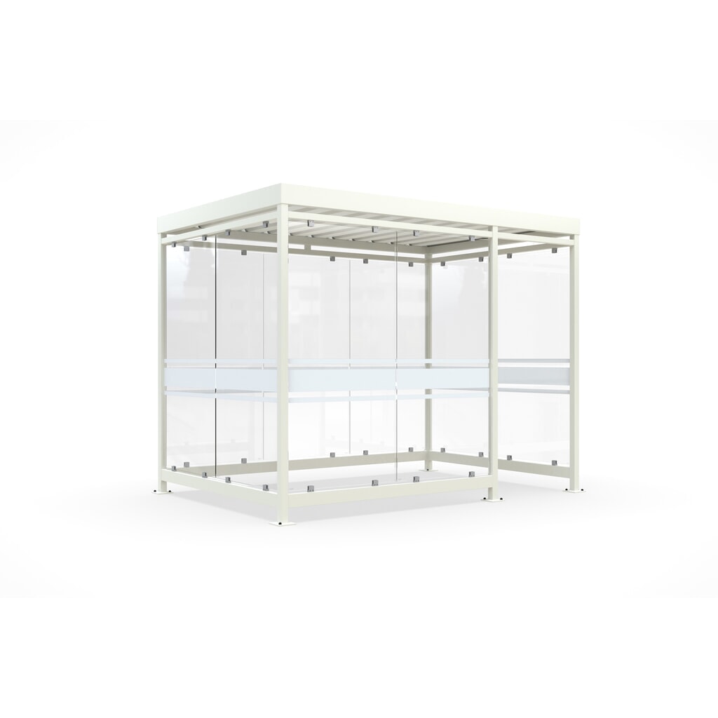 Produktabbildung: wsm® Raucherunterstand, fertig montiert, für 7-9 Personen, 9 Elemente, RAL 9002 grauweiß - mit Glasdekor