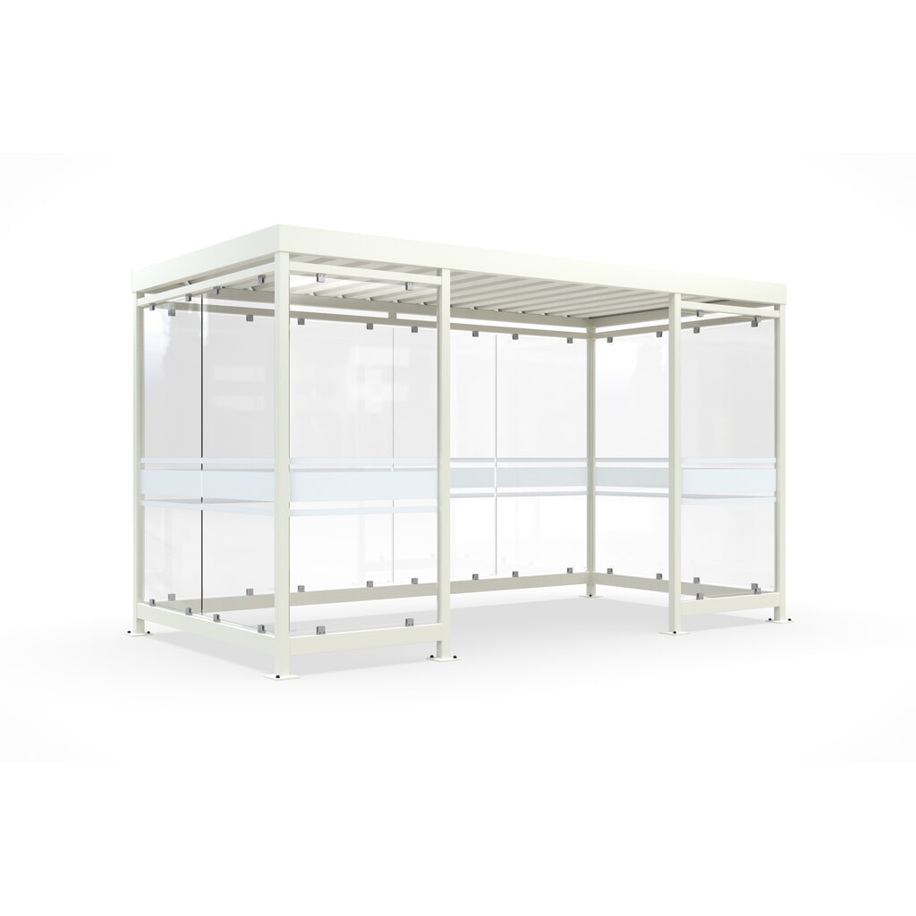 Produktabbildung: wsm® Raucherunterstand, fertig montiert, für 9-10 Personen, 10 Elemente, RAL 9002 grauweiß - mit Glasdekor