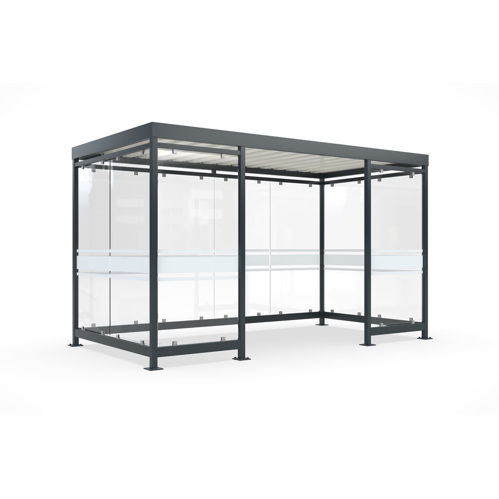 wsm® Raucherunterstand, fertig montiert, für 9-10 Personen, 10 Elemente, RAL 7016 anthrazitgrau - mit Glasdekor Produktabbildung: wsm® Raucherunterstand, fertig montiert, für 9-10 Personen, 10 Elemente, RAL 7016 anthrazitgrau - mit Glasdekor