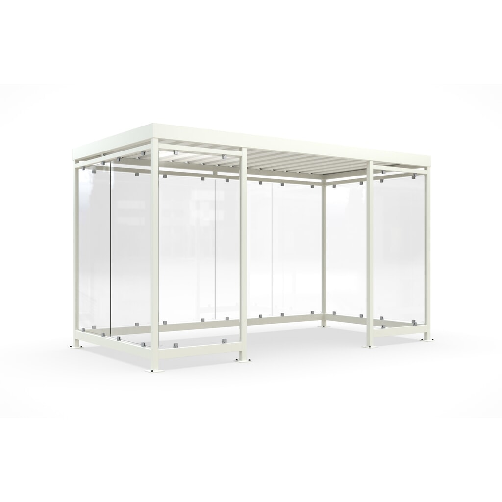 wsm® Raucherunterstand, fertig montiert, für 9-10 Personen, 10 Elemente, RAL 9002 grauweiß - ohne Glasdekor Produktabbildung: wsm® Raucherunterstand, fertig montiert, für 9-10 Personen, 10 Elemente, RAL 9002 grauweiß - ohne Glasdekor